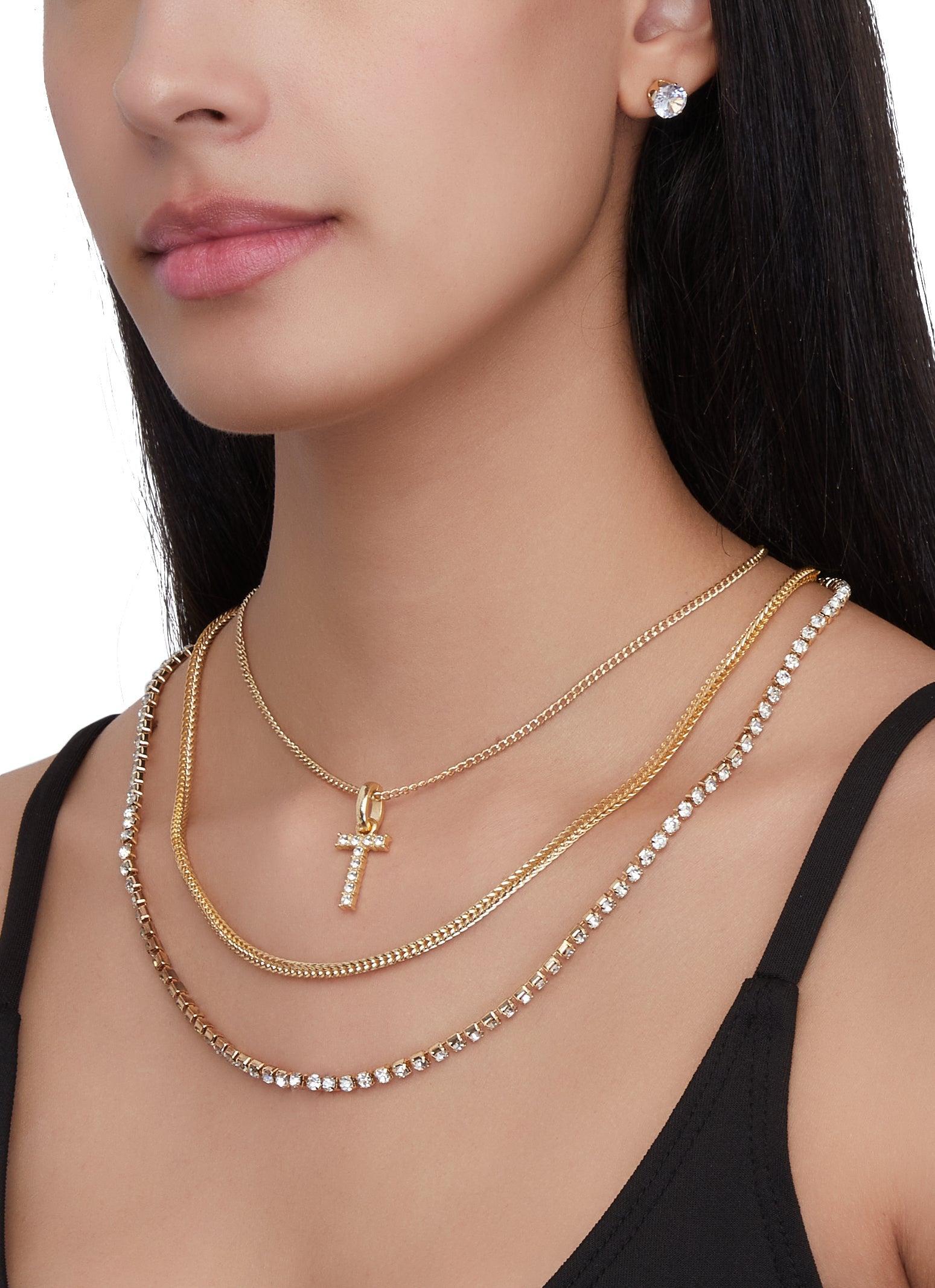 Religious Charm Layered Necklace and Drop Earrings Female Product Image