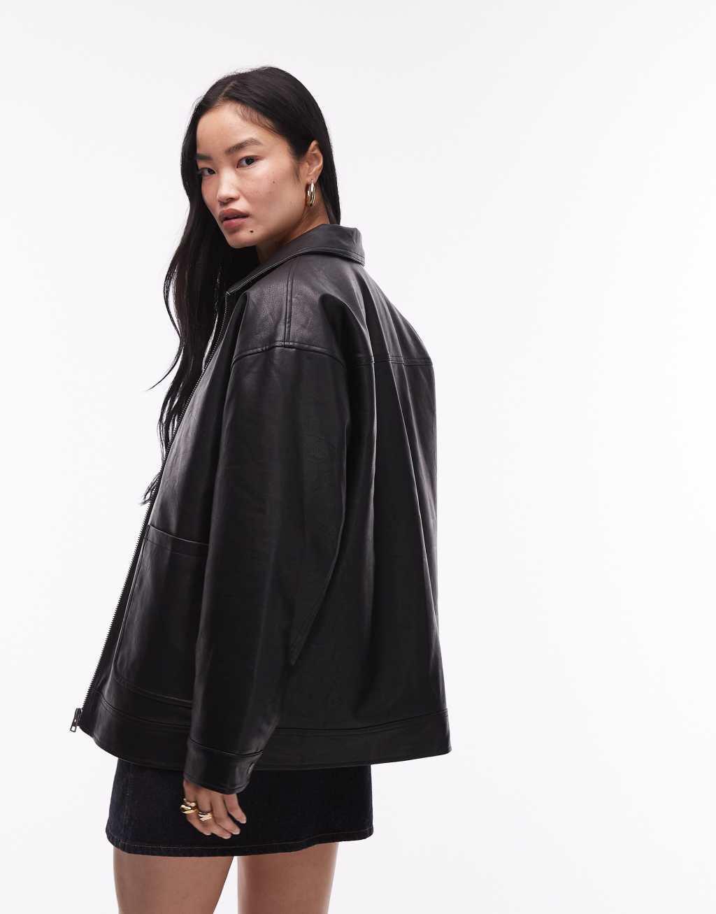 Topshop faux leather zip up 80s jacket with patch pockets in black Product Image