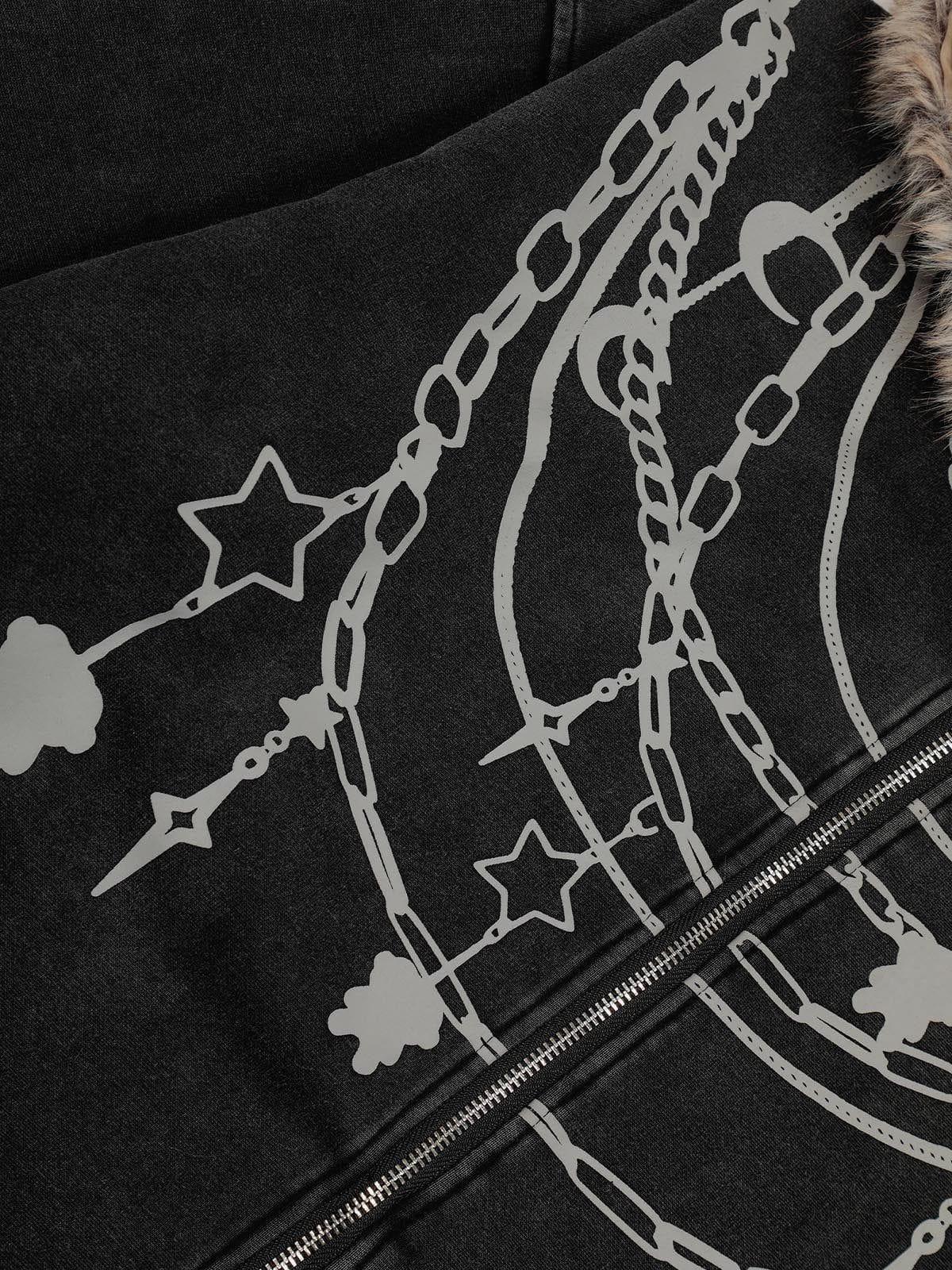 Aelfric Eden Chain Print Fur Collar Zip Up Hoodie Product Image