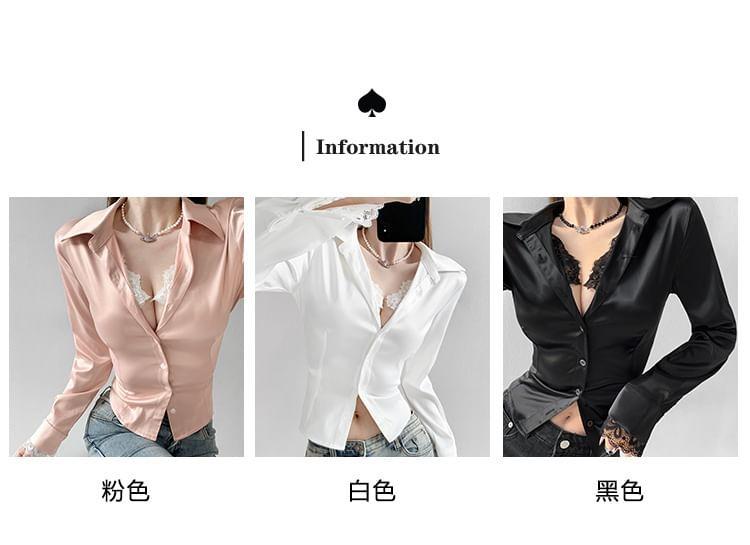 Lace-Trim Slim-Fit Satin Shirt Product Image