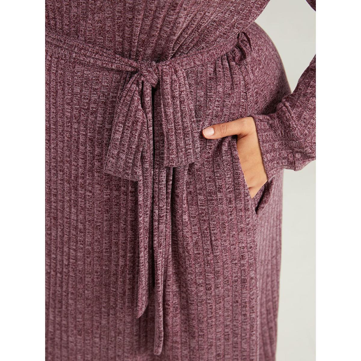Plus Size Solid Belted Rib Knit Half Zipper Dress Scarlet Women Casual Texture Lapel Collar Long Sleeve Curvy Midi Dress BloomChic 28/5X Product Image