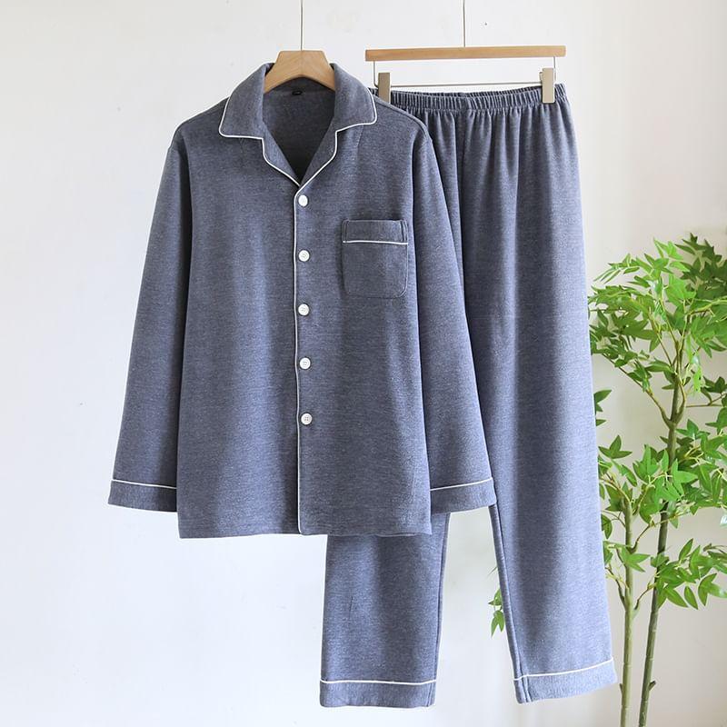 Pajama Set: Long Sleeve Collared Contrast Trim Shirt + Elastic Waist Straight Leg Pants Product Image