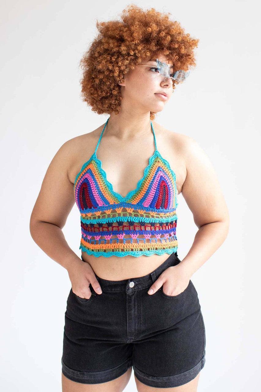 Teal Multicolor Crochet Halter Crop Product Image