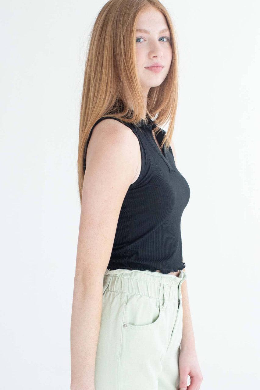 Black Ribbed Sleeveless Polo Product Image