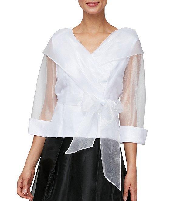 Alex Evenings 3/4 Illusion Sleeve Portrait Collar Tie Waist Organza Blouse Product Image