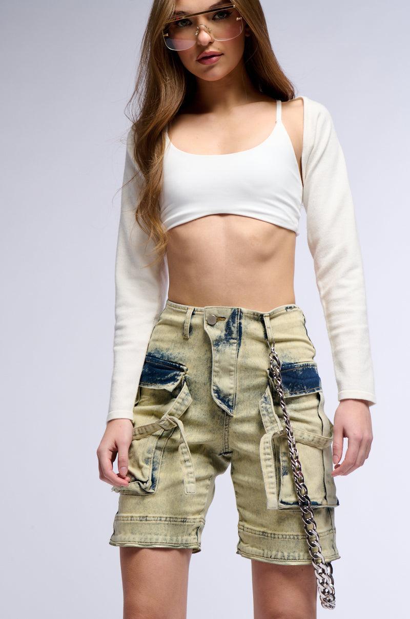 CAPRICE DISTRESSED DENIM CARGO CONVERTIBLE ZIP OFF PANT Product Image