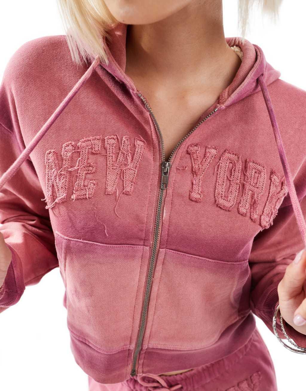 Daisy Street pink ombre cropped hoodie with new york logo - part of a set Product Image