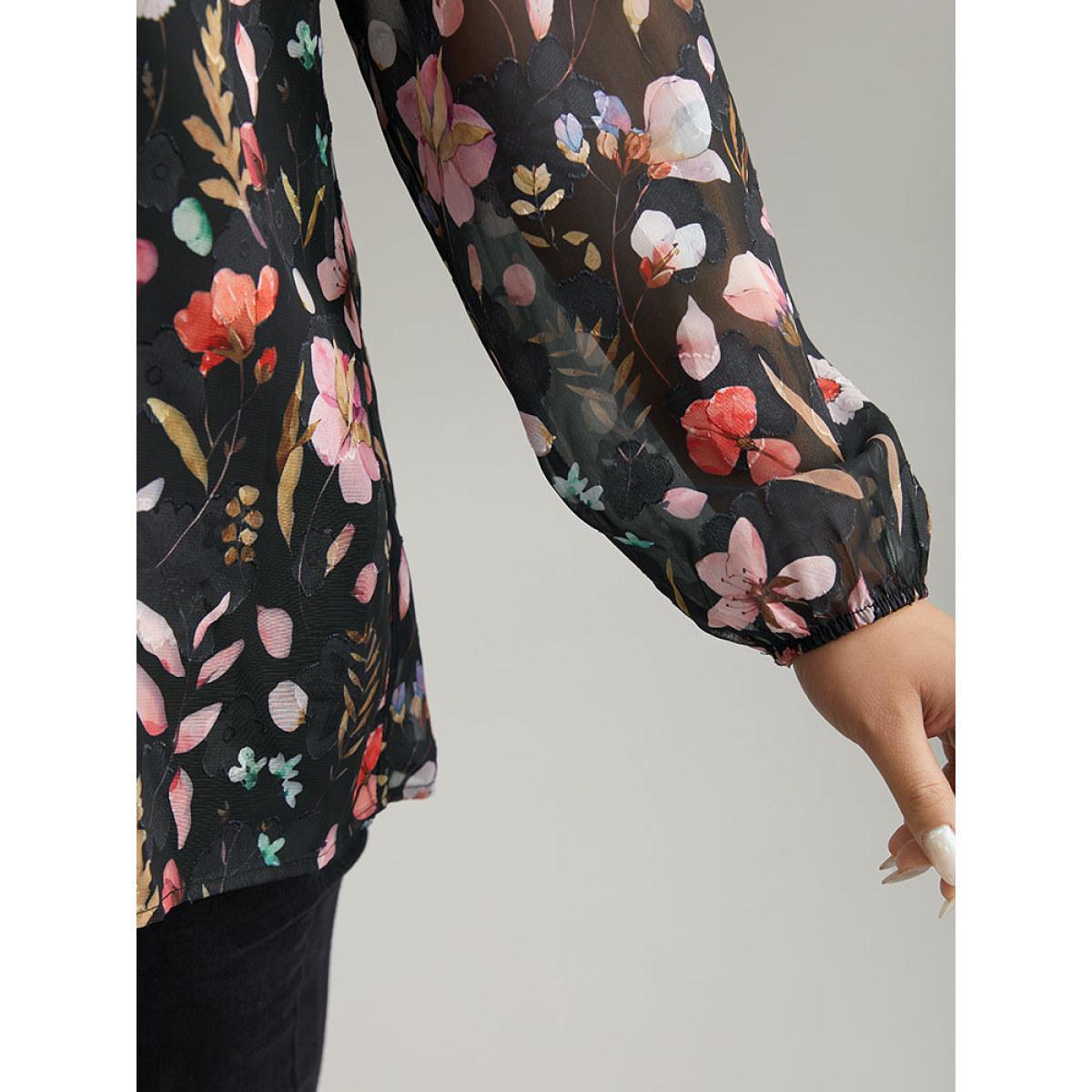 Plus Size BlackFlower Floral Print Chiffon Knot Neck Lantern Sleeve Blouse Women Elegant Long Sleeve Tie Neck Dailywear Blouses BloomChic 22-24/3X Product Image