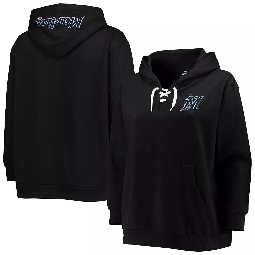 Women's Black Miami Marlins Plus Size Lace-Up V-Neck Pullover Hoodie, Size: 2XL Product Image