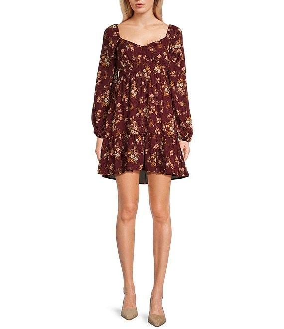 Blu Pepper Floral Long Sleeve Ruffle Hem Mini Dress Product Image