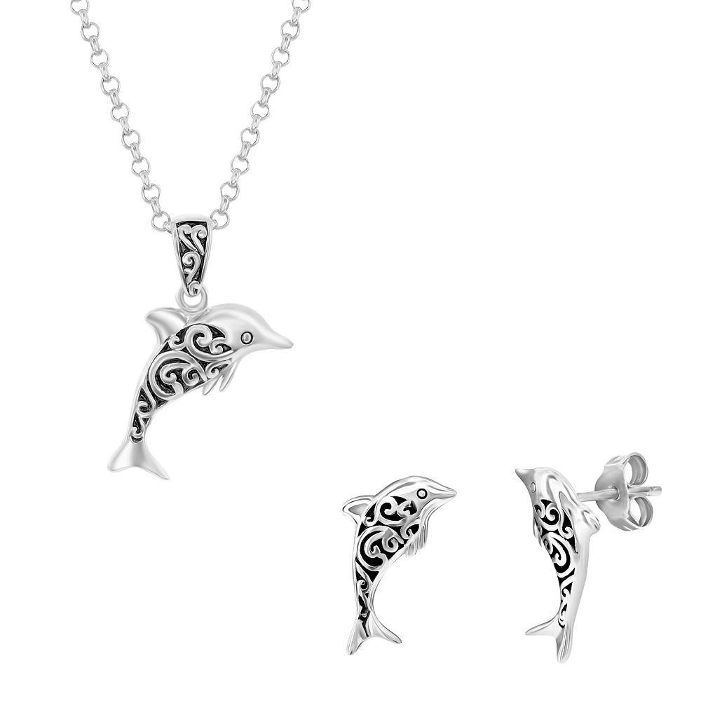 Argento Bella Sterling Silver Oxidized Dolphin Earrings & Necklace Set, Women's, Size: 18" Product Image