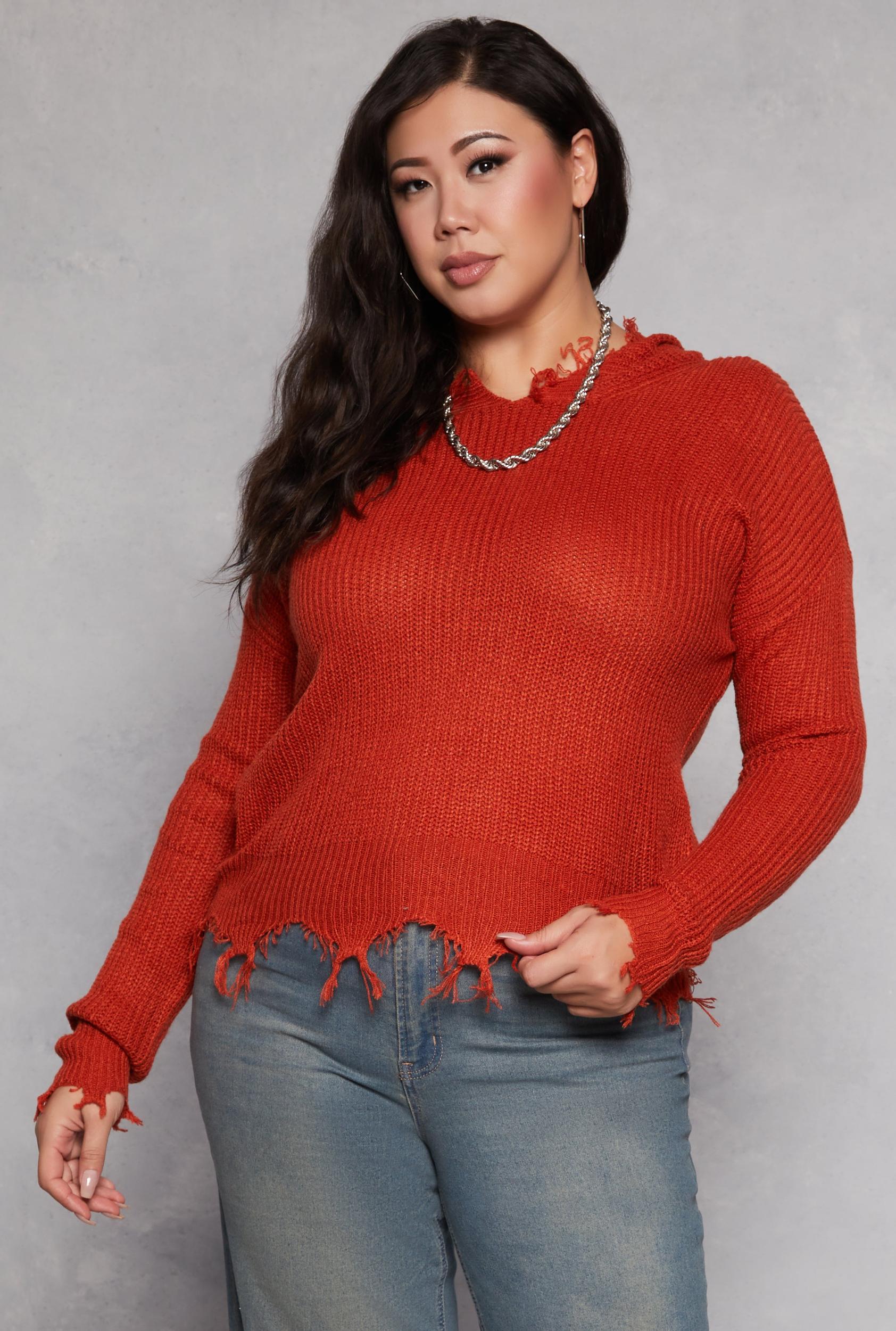 Womens Plus Size Distressed Pullover Hooded Sweater Product Image