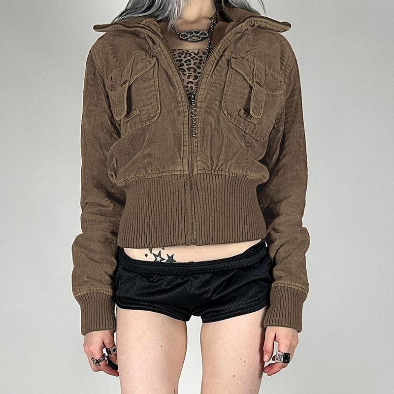 Collar Plain Buckled Corduroy Zip Jacket Product Image