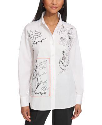 Karl Lagerfeld Paris Womens Sketch-Graphic Poplin Shirt Product Image
