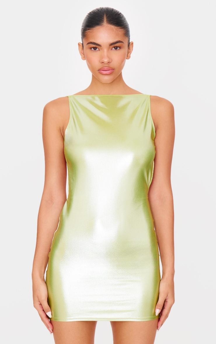 Olive Metallic Crew Neck Mini Dress Product Image