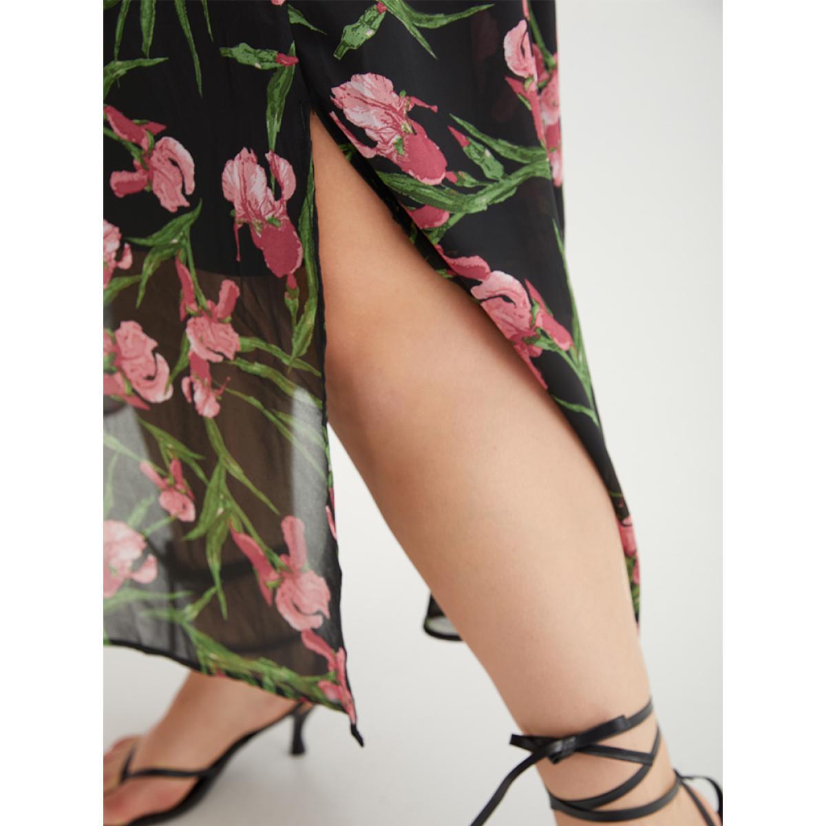 Plus Size Floral Print Chiffon Split Side Elastic Waist Dress Black Women Elegant Printed V-neck Long Sleeve Curvy Midi Dress BloomChic 30/6X Product Image
