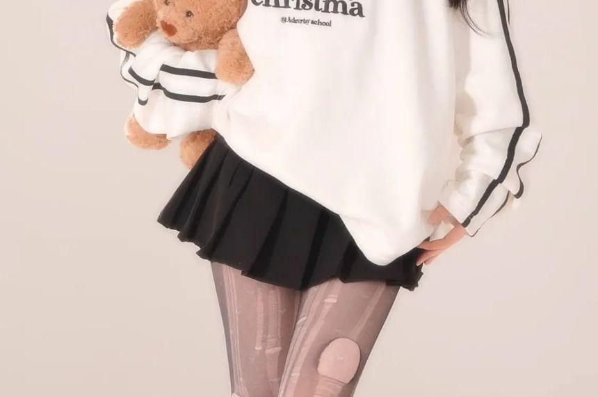 Long Sleeve V-Neck Contrast-Trim Lettering Print Striped Loose-Fit Pullover Product Image
