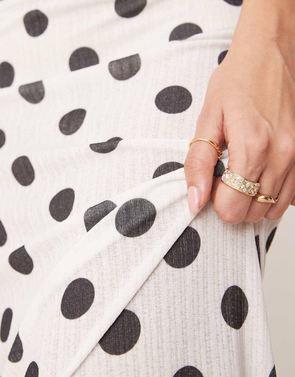 ASOS DESIGN polka dot printed dry handle rib maxi low rise skirt in ecru Product Image