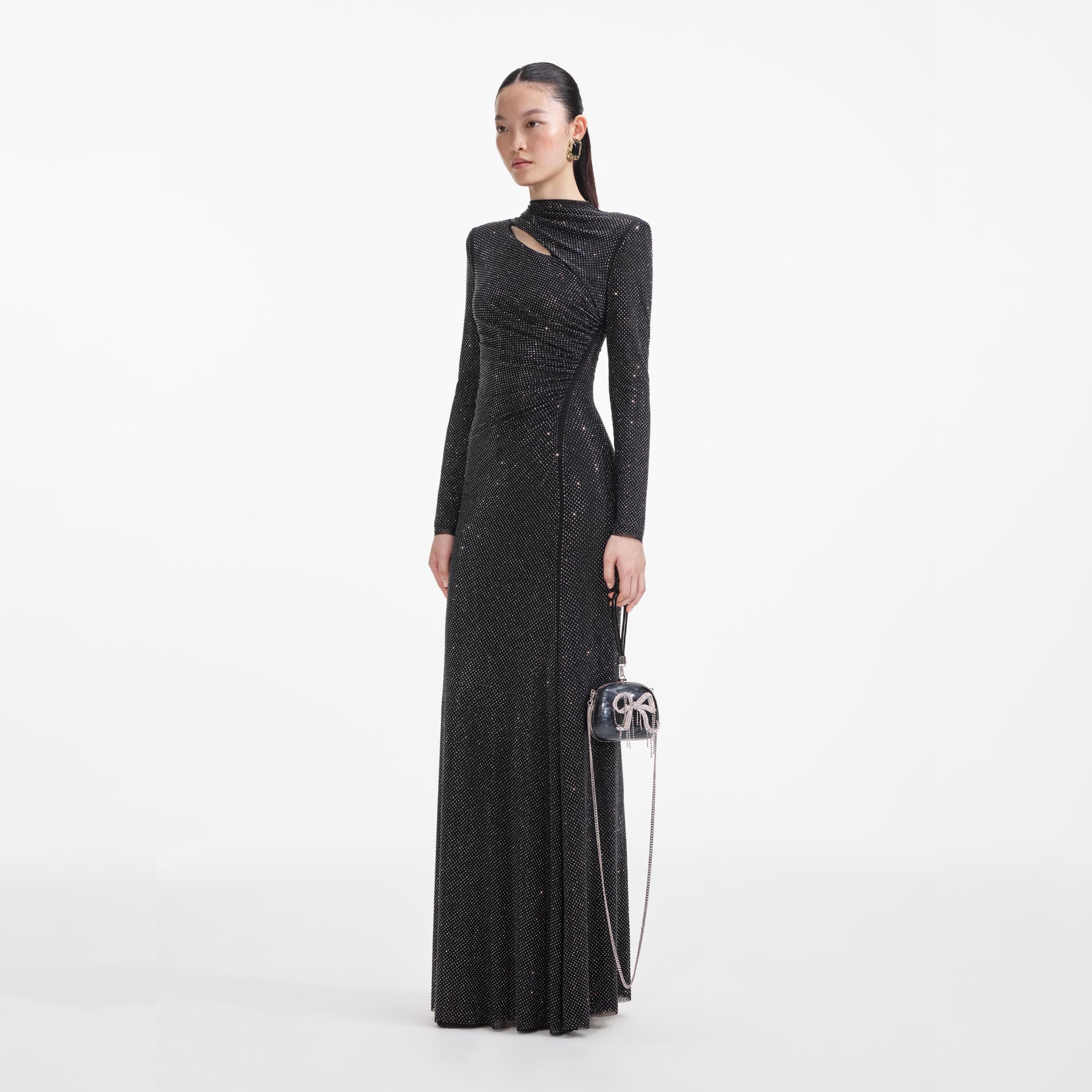 Black Rhinestone Mesh Cut Out Maxi Dress Product Image