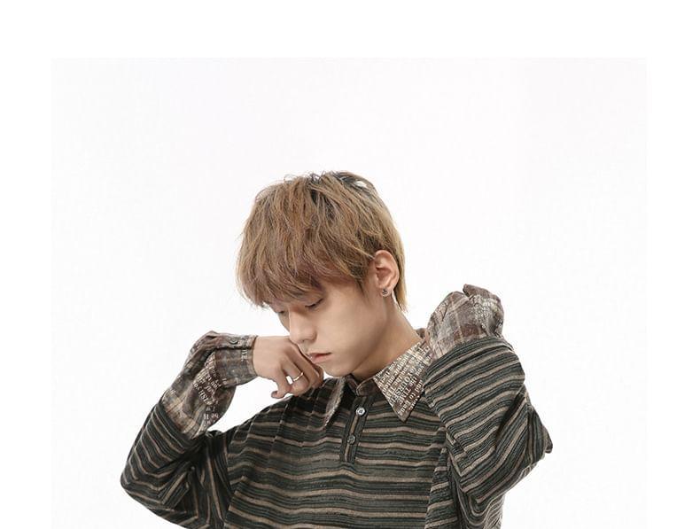 Mock Two-Piece Long-Sleeve Collar Striped Plaid Panel Polo Shirt Product Image