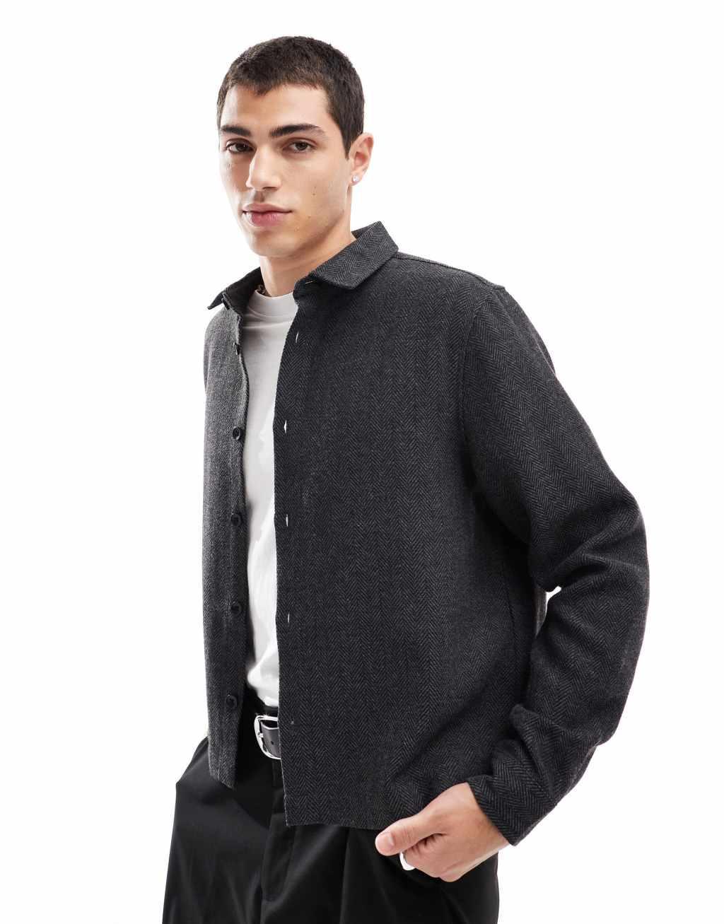 ASOS DESIGN boxy overshirt in charcoal wool look Product Image