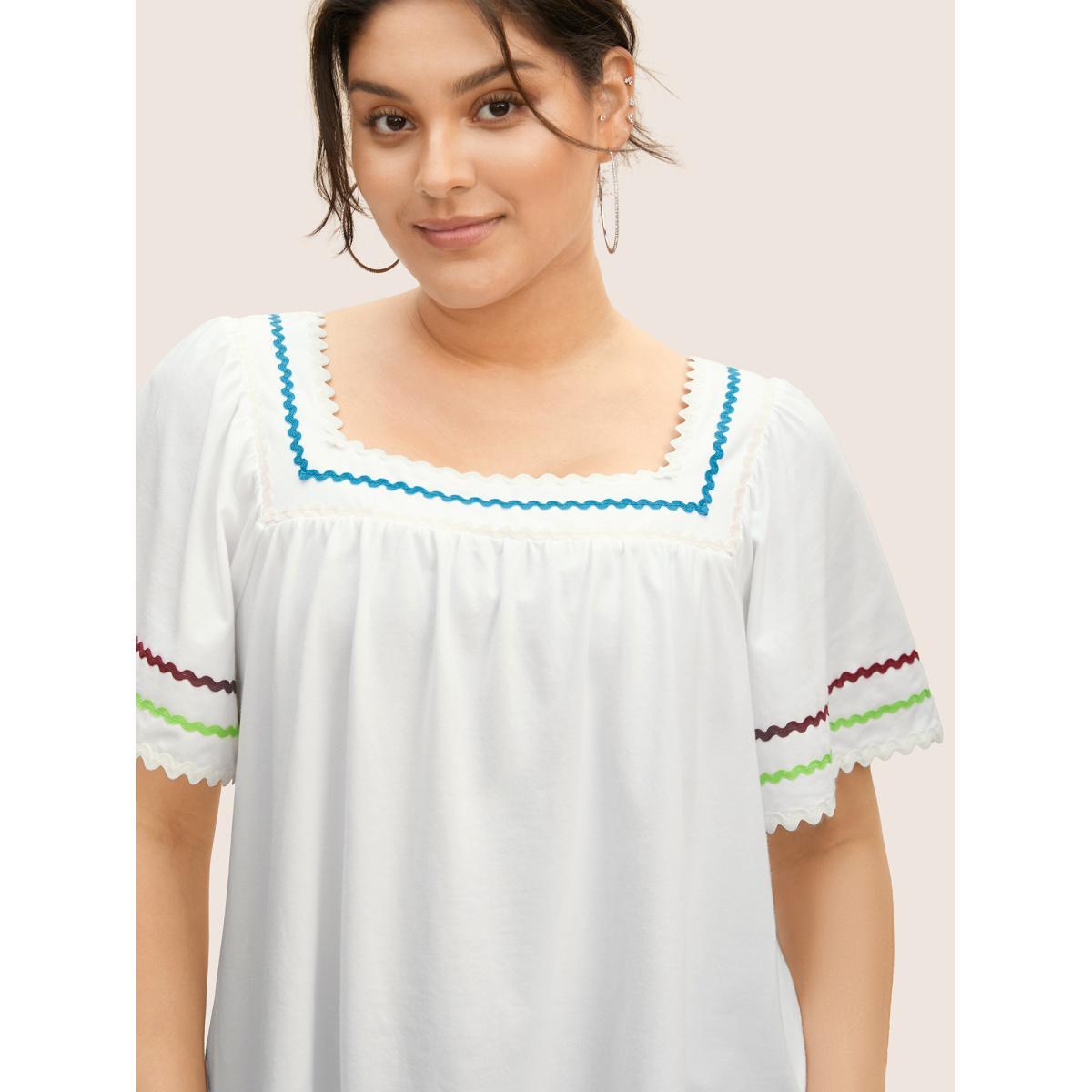 Plus Size Cotton Woven Ribbon Contrast Ruffle Sleeve T-shirt Originalwhite Women Casual Woven ribbon&lace trim Square Neck Everyday T-shirts BloomChic 10/M Product Image