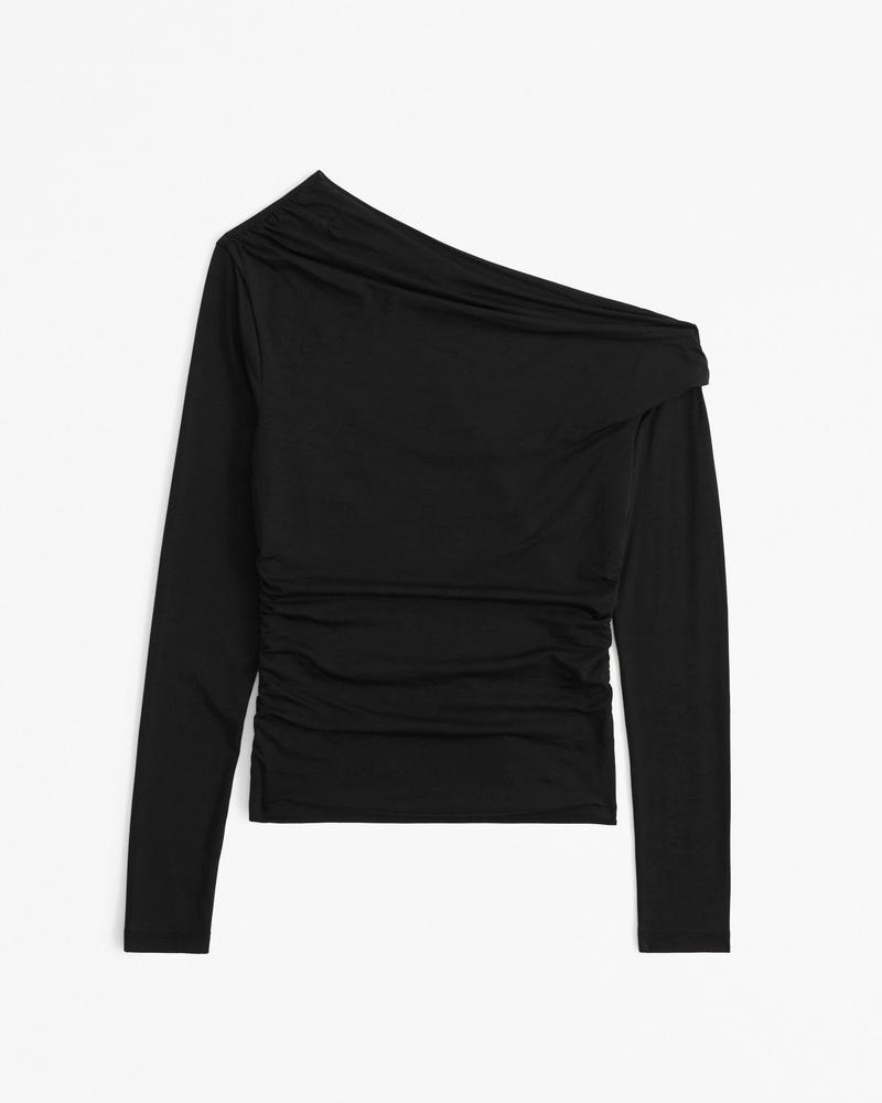 Long-Sleeve Velvet Asymmetrical Draped Top Product Image