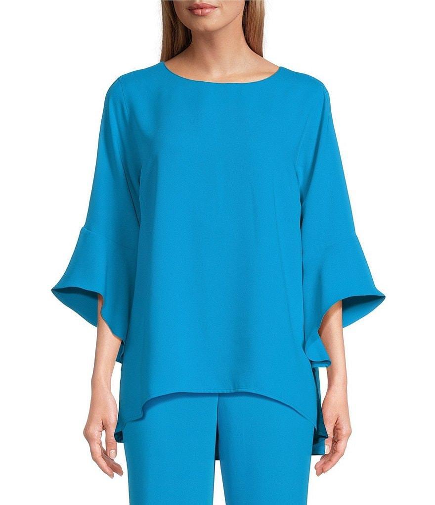 Caroline Rose Julia Matte Crepe Crew Neck 3/4 Ruffled Sleeve High-Low Hem Top Product Image