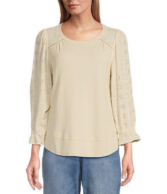 Nurture by Westbound Knit 3/4 Sleeve Crew Neck Eyelet Detail Top Product Image
