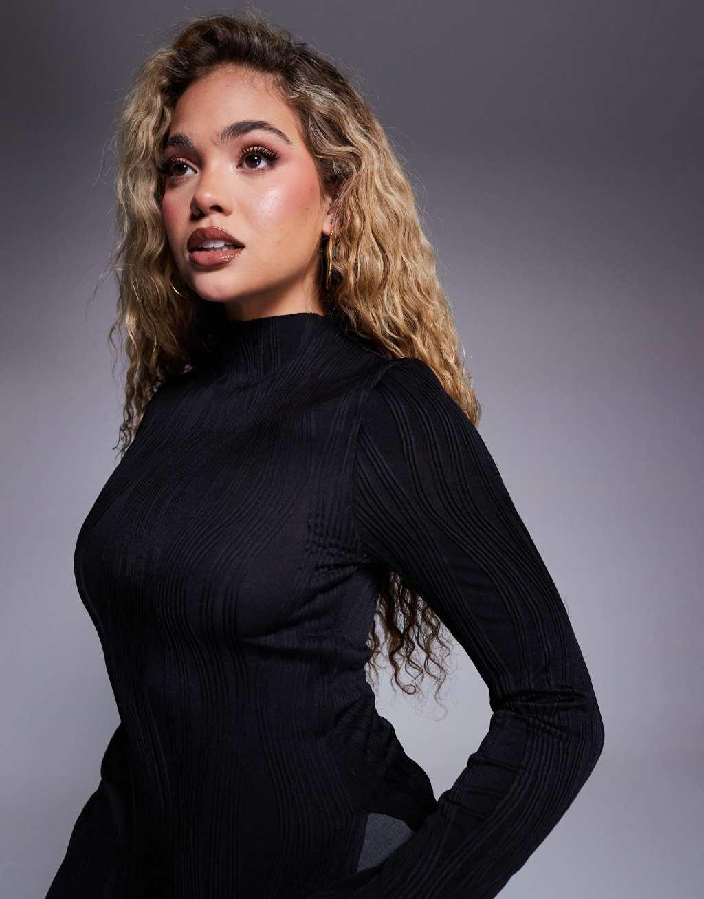 ASOS DESIGN plisse long sleeve top with grown on neck in black Product Image