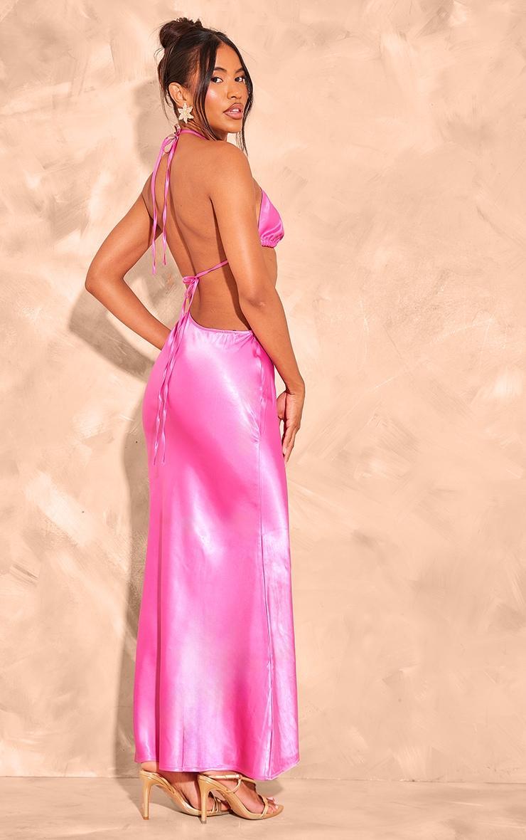Bright Pink Satin Cut Out Halter Neck Maxi Dress Product Image