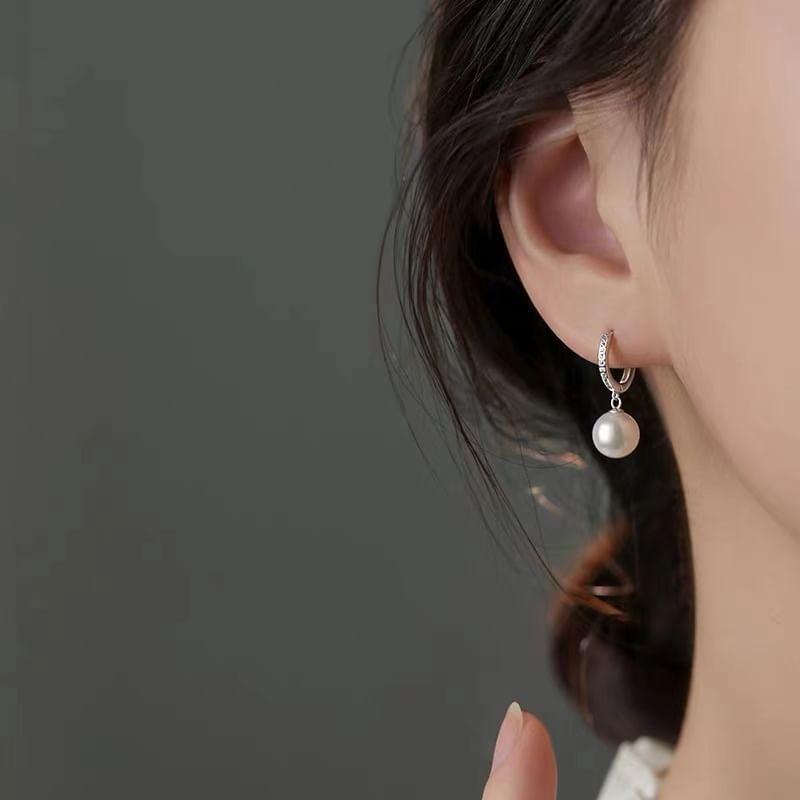 925 Sterling Silver Faux Pearl Rhinestone Hoop Drop Earring Product Image
