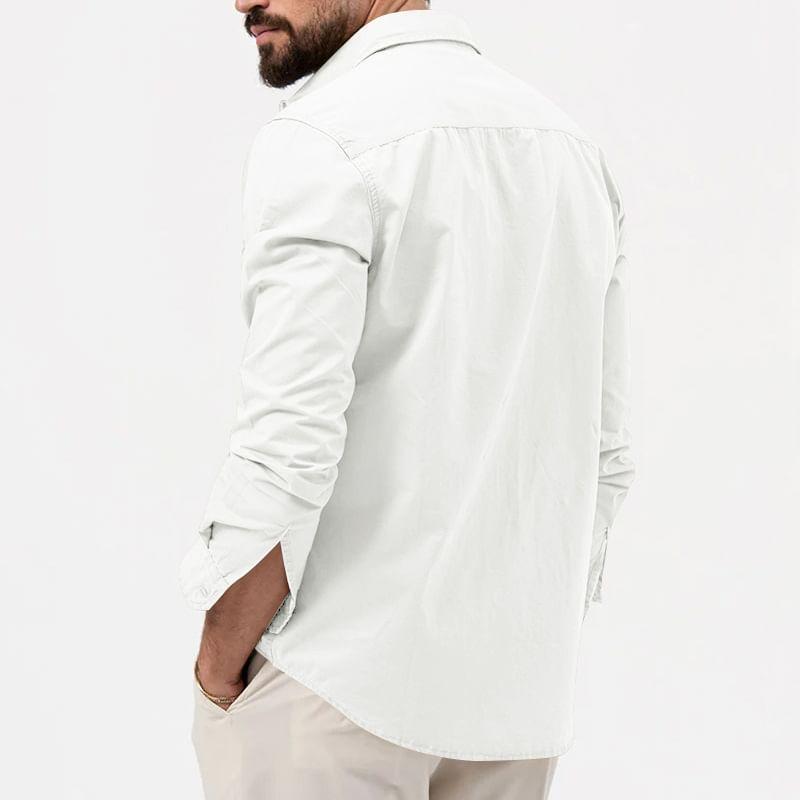 Long-Sleeve Plain Button-Up Cargo Shirt Product Image