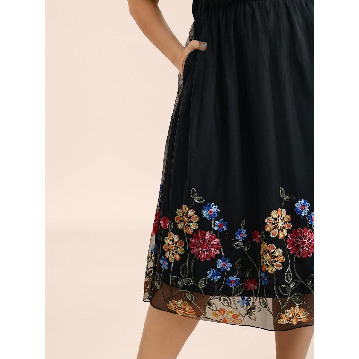 Plus Size Floral Embroidered Hem Stretchy-Waist Pockets Midi Dress BlackFlower Women Elegant See through V-neck Short sleeve Curvy BloomChic 14-16/1X Product Image
