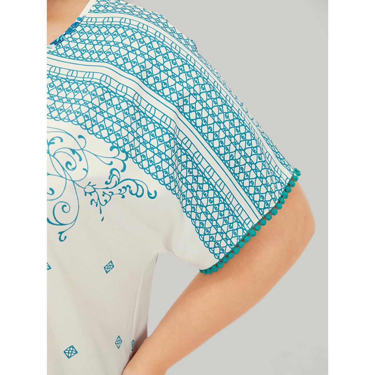 Plus Size White Moroccan Print Batwing Sleeve Pompom Trim Blouse Women Elegant Short sleeve Round Neck Dailywear Blouses BloomChic 18-20/2X Product Image