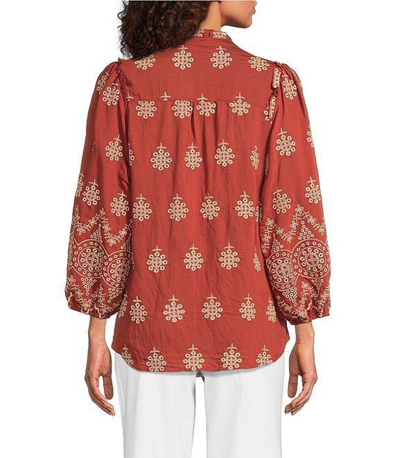 Calessa Embroidered Medallion Print Split V-Neck Long Sleeve Button Front Tunic Product Image