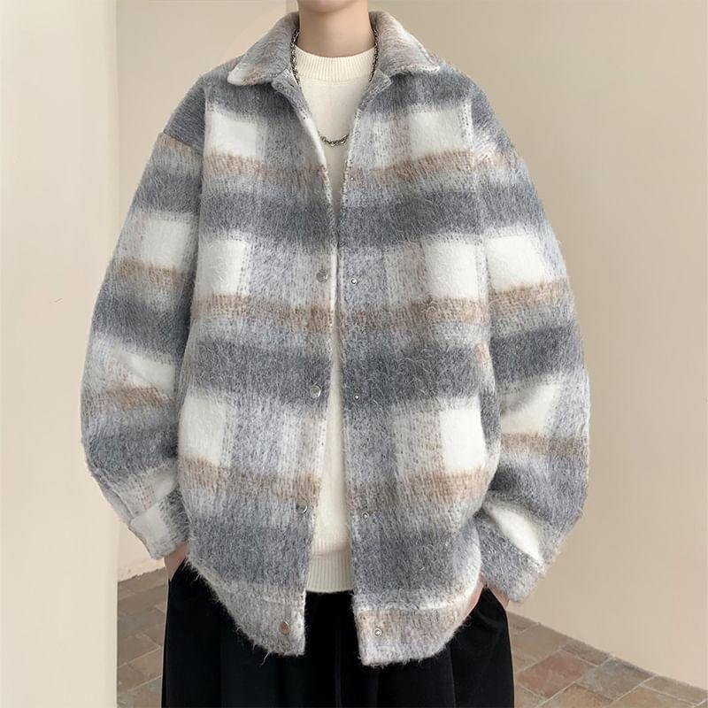 Drop Shoulder Collared Plaid Button Coat Product Image