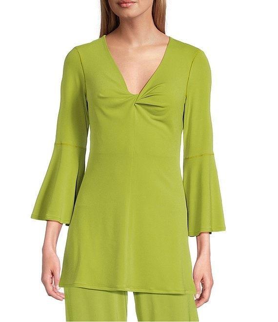 Eva Varro Knit Jersey Twist V-Neck 3/4 Bell Sleeve A-Line Flowy Tunic Product Image