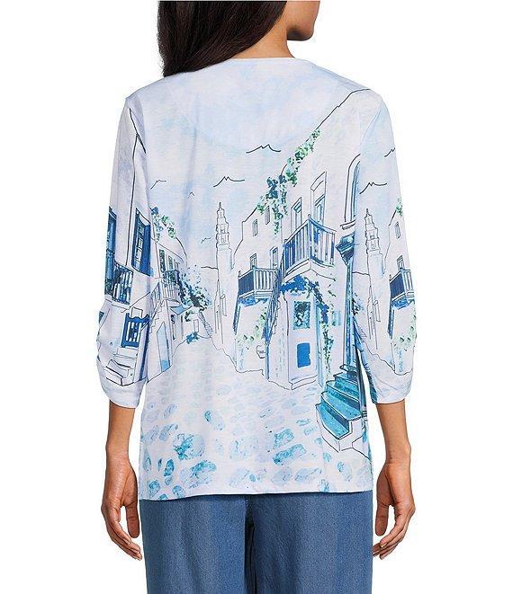 Allison Daley Petite Size Coastal Retreat Print 3/4 Ruched Sleeve Crew Neck Knit Top Product Image