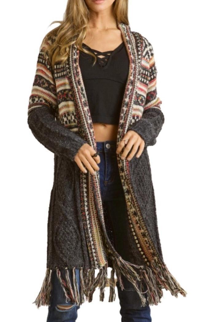 Aztec Fringe Kimono Sweater Cardigan Product Image