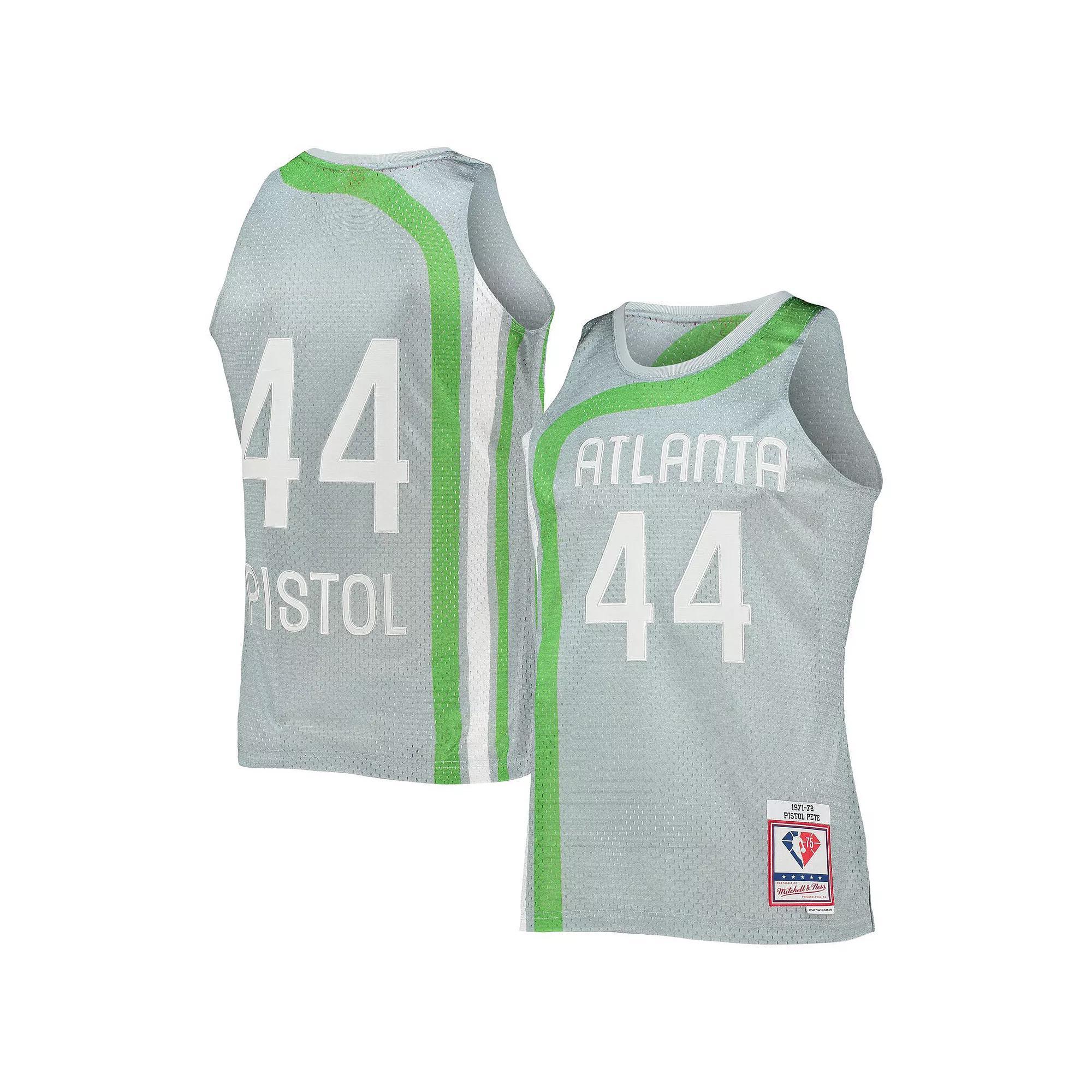 Men's Mitchell & Ness Pete Maravich Silver Atlanta Hawks 75th Anniversary 1971-72 Hardwood Classics Swingman Jersey, Size: Medium Product Image