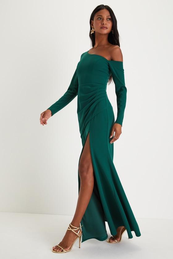 Elegant Sensation Emerald Green Asymmetrical Pleated Maxi Dress Product Image