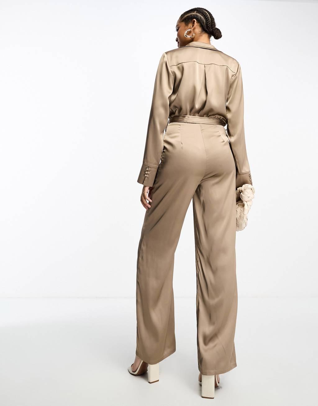 Pretty Lavish satin tie waist utility jumpsuit in mocha Product Image