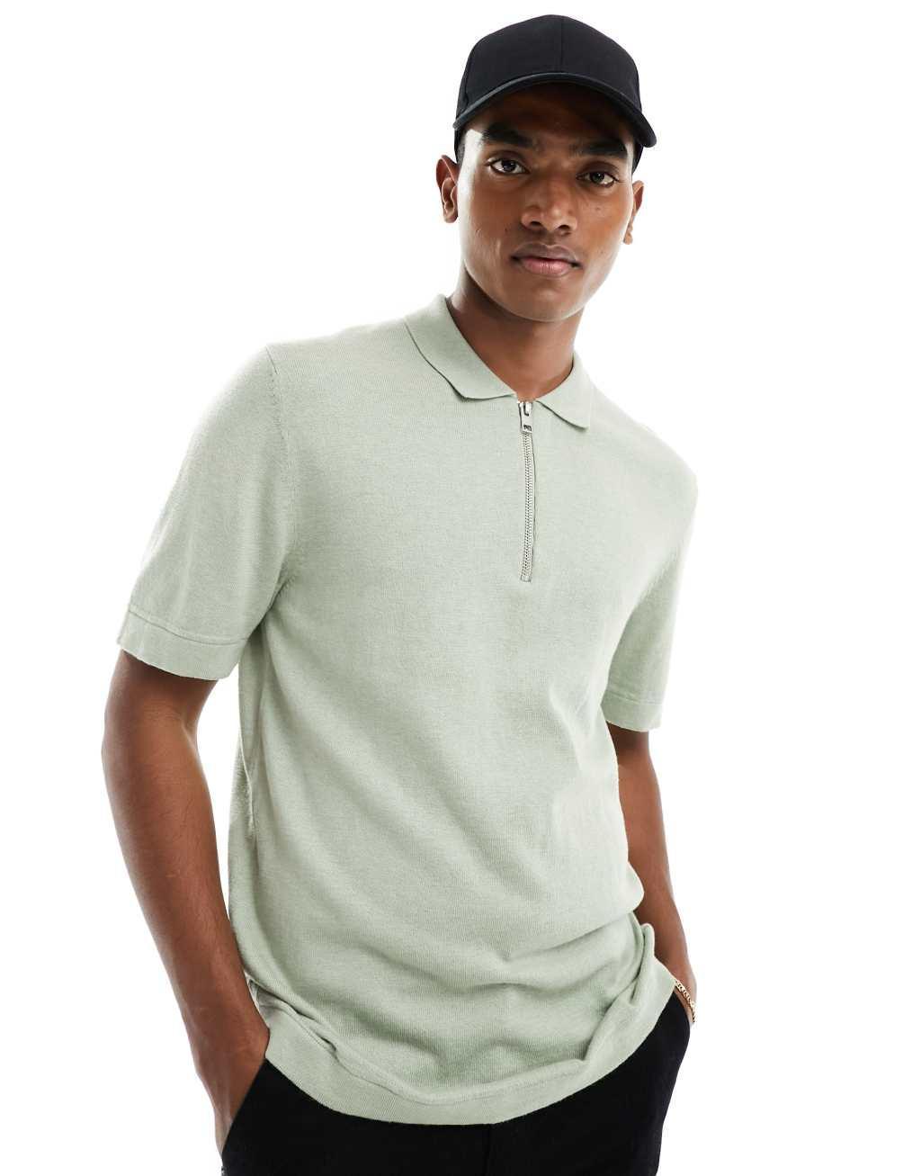 Jack & Jones knit polo with zip in mint Product Image