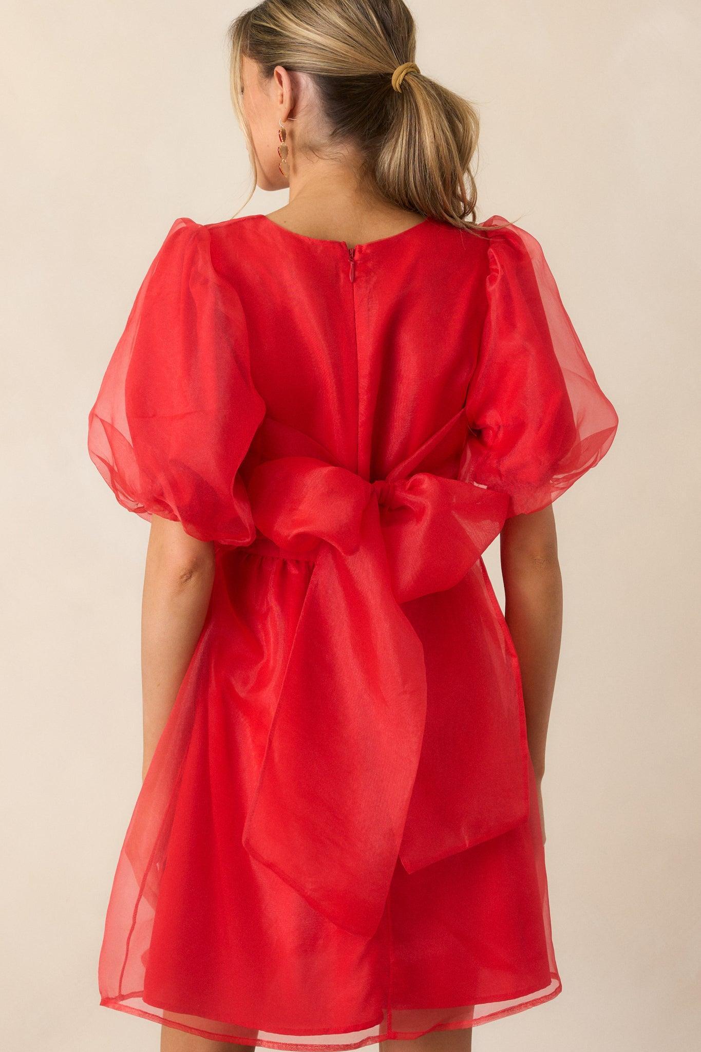 Another Kiss Red Puff Sleeve Mini Dress Product Image
