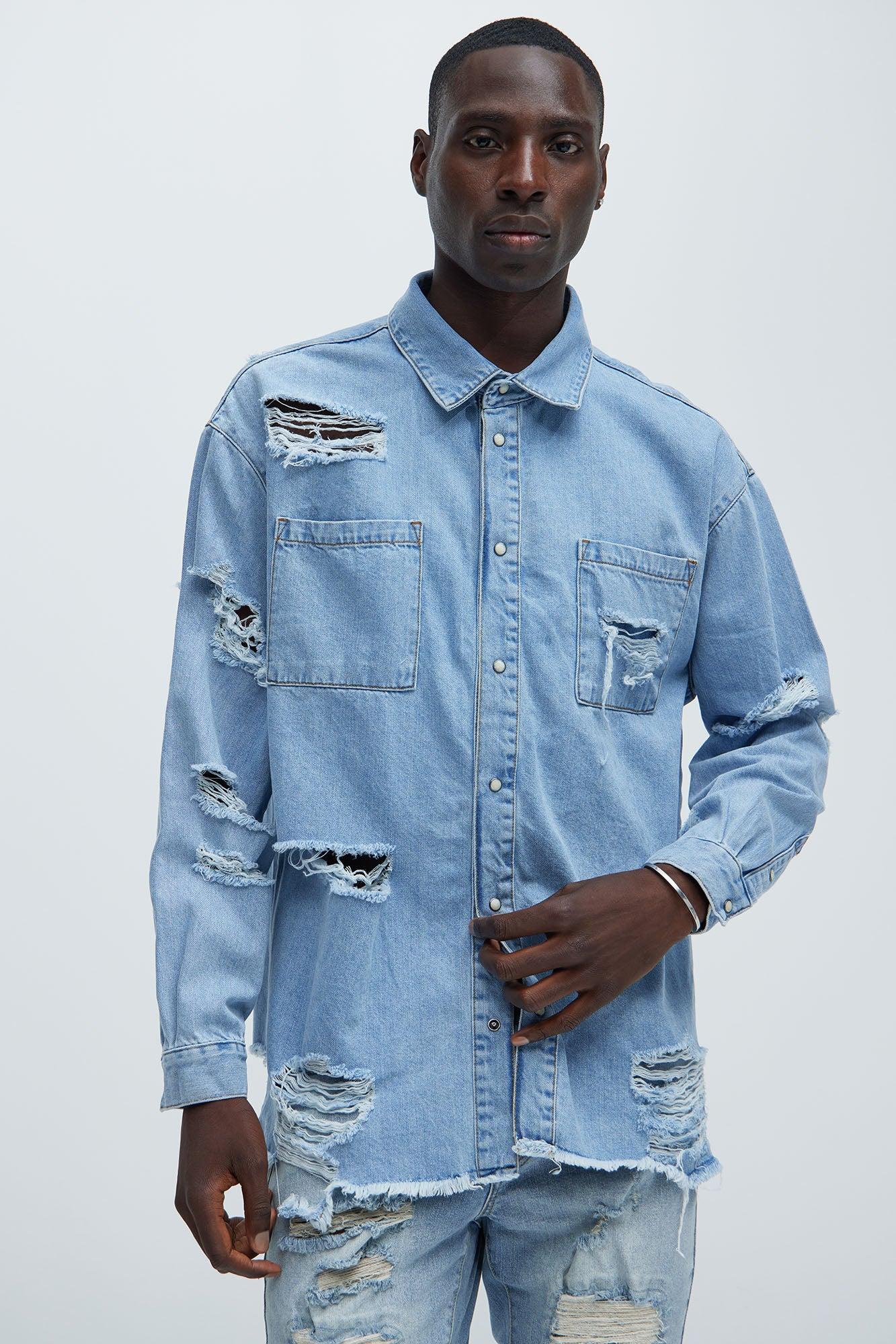 Essential Distressed Denim Woven Top - Light Wash Product Image
