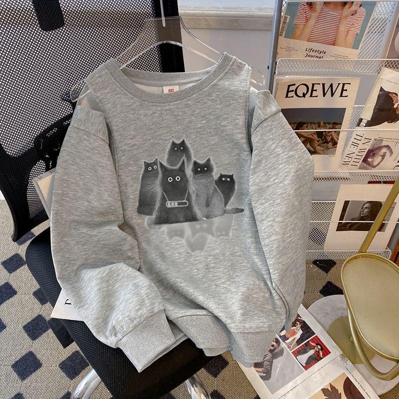 Cold Shoulder Cat Print Pullover Product Image