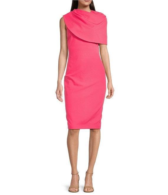 Belle by Badgley Mischka Aranza Stretch Crepe High Cape Neckline Sleveless Sheath Dress Product Image