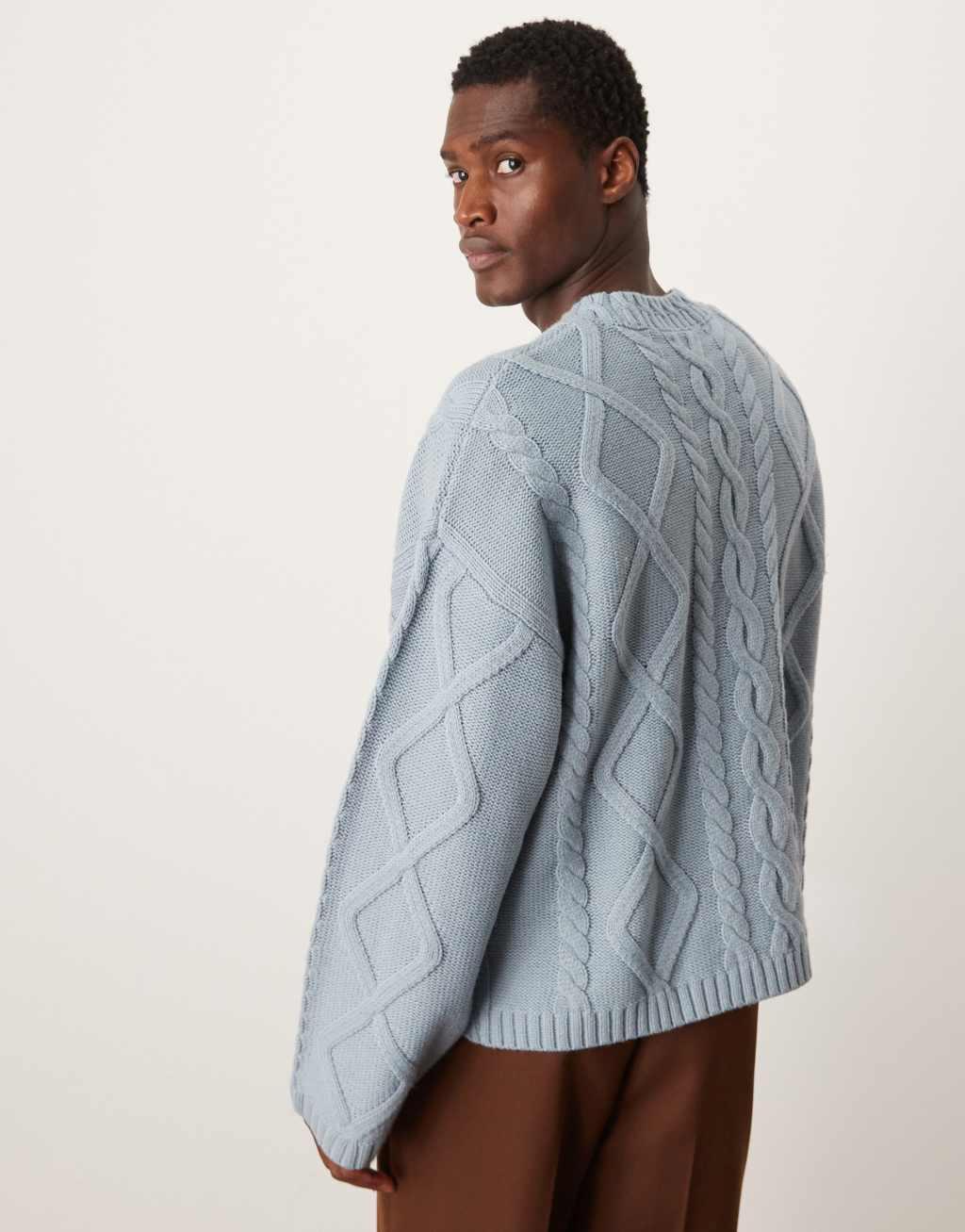 ASOS DESIGN oversized heavyweight wool mix cable sweater with crew neck in light blue Product Image