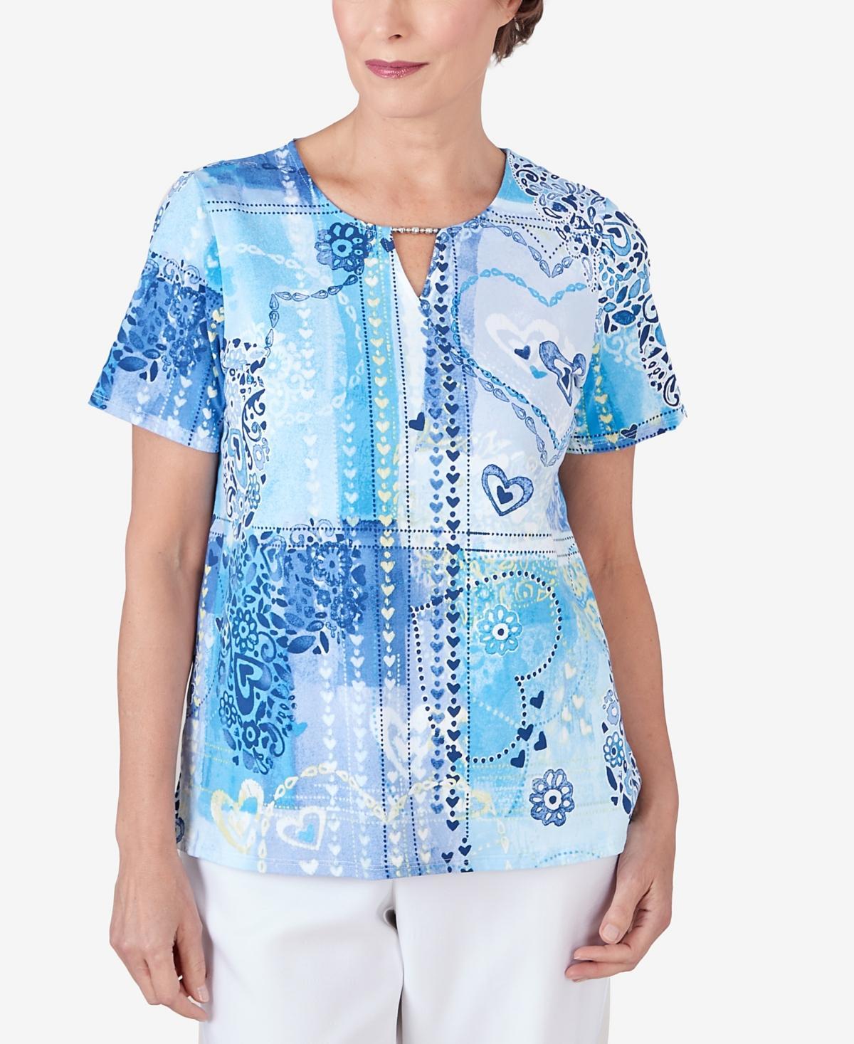 Women's Alfred Dunner Patchwork Hearts Split Neck Tee, Size: Large, Blue Product Image